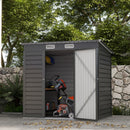 6 x 4 ft Gray storage shed with tools inside, surrounded by greenery and a stone wall.
