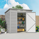 6 x 4 ft gray metal storage shed with a white door, filled with supplies, against a blue sky.