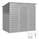 6 x 4 ft grey outdoor storage shed with gloves and a lock on a white background