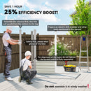 Two people assembling a metal outdoor shed with text on efficiency boost and assembly instructions.