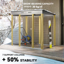 6 x 4 ft outdoor storage shed with snow-bearing capacity and stability features in a snowy landscape.