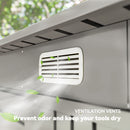 Ventilation vent on a metallic surface with green leaves, promoting odor prevention and tool dryness.