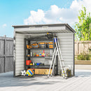 6 x 4 ft outdoor storage shed with various items on shelves against a blue sky.