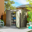 6 x 4 ft grey taupe outdoor storage shed with shelves on a wooden deck, surrounded by plants and a house.