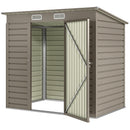 6 x 4 ft taupe grey metal storage shed with open door on a white background