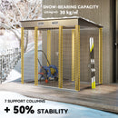 Storage shed with a latched door, showing tools inside, with a close-up of the latch mechanism.