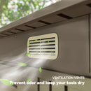 Taupe gray outdoor storage shed with pent roof design, gloves included for installation, and text indicating rain and snow drainage.