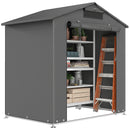 Portable gray storage shed with a ladder and shelves on a white background
