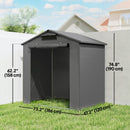 Gray 6x4ft outdoor portable storage shed with dimensions indicated on a grassy area.