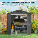 6x4ft portable garden shed with roll-up zipper door and mesh vent, surrounded by plants and a wooden fence.