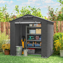 Portable 6x4 outdoor storage shed with shelves filled with items, surrounded by greenery.