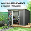 6' x 8.5' Outdoor Garden Galvanized Storage Shed in a backyard with man collecting bike.