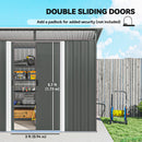 Metal storage shed with double sliding doors, showing dimensions and security information.