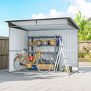 Cutout of a galvanized storage shed with a bicycle, ladder, and shelves outdoors on a clear day.