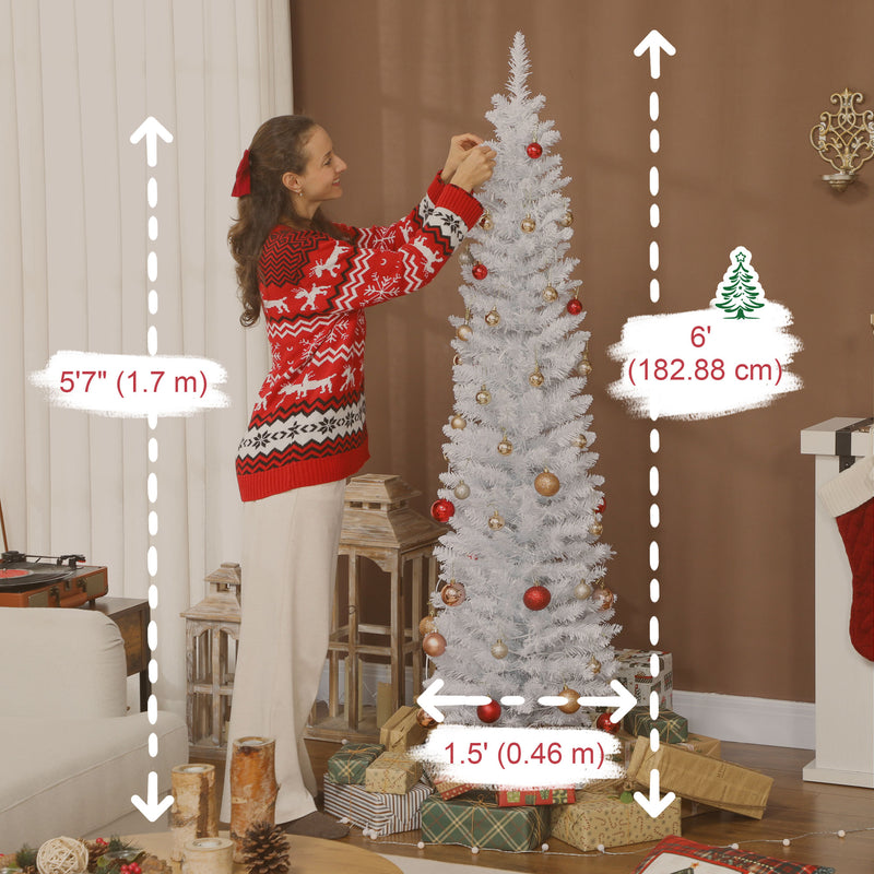 6ft Skinny Artificial Christmas Tree with Synchronized LED Lights, Remote and Timer - White