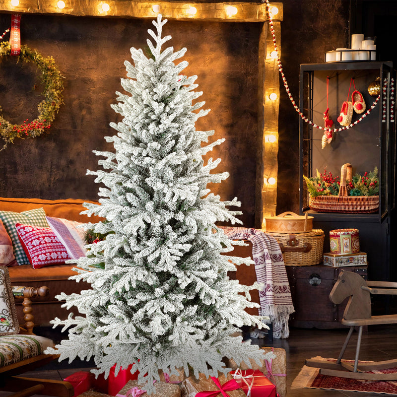 6ft Snow Flocked Artificial Christmas Tree, Realistic Pine Tips and Metal Stand