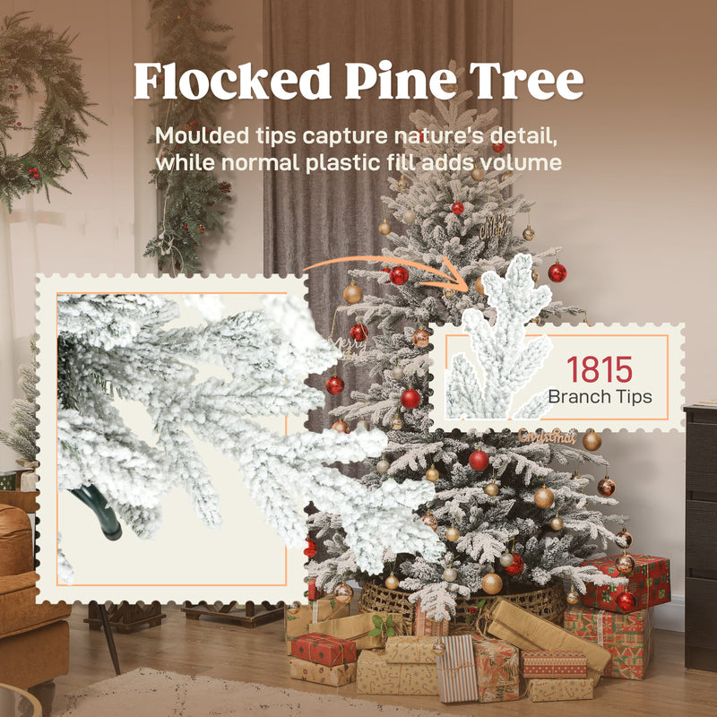 6ft Snow Flocked Artificial Christmas Tree, Realistic Pine Tips and Metal Stand