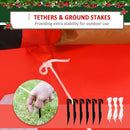 Product packaging with tethers and ground stakes for outdoor use, featuring a hand holding a stake and additional stakes displayed.