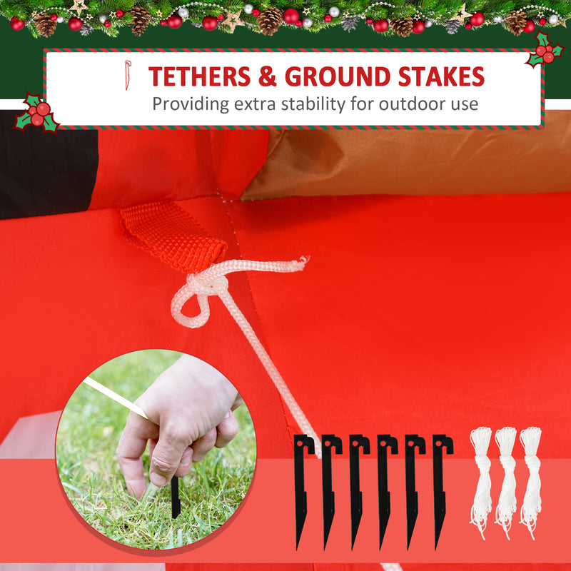 Product packaging with tethers and ground stakes for outdoor use, featuring a hand holding a stake and additional stakes displayed.