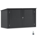 Black metal storage shed for recycling bins and garbage bins with a key lock on a white background