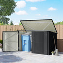 Outdoor garbage and recycling bin storage shed with a 3 bind inside, set against a wooden fence and clear sky.