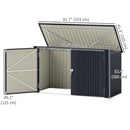 Outdoor storage shed for recycling bins and garbage bins with open doors and dimensions labeled on a white background