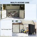 Metal storage shed with bike and lawn mower, labeled 'Multi-Scene Use' and 'Tool Storage Shed'.