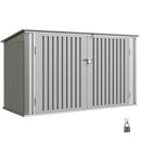 Gray metal recycling bin storage shed with a lock on a white background