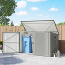 Gray outdoor storage shed with a recycling and trash bins organized inside, set against a wooden fence and clear sky.