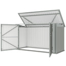 Metal storage shed for garbage and recycling bins with open door on a white background
