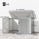 Metal storage shed for garbage bins with dimensions labeled on a white background