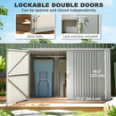 Storage shed with lockable double doors, showing door bolts and lock mechanism, with dimensions displayed.