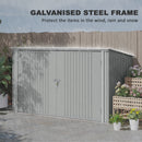 Metal recycling bin storage shed with a wooden roof, surrounded by plants and flowers.