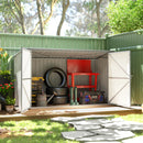 Outdoor trash can storage shed with tools and tires in a garden setting