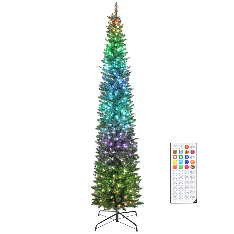 7.5ft Skinny Artificial Christmas Tree with Synchronized LED Lights, Remote and Timer - Green