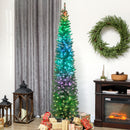 7.5ft Skinny Artificial Christmas Tree with Synchronized LED Lights, Remote and Timer - Green