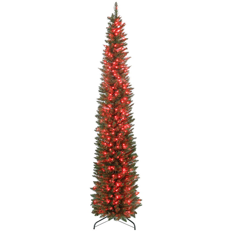 7.5ft Skinny Artificial Christmas Tree with Synchronized LED Lights, Remote and Timer - Green