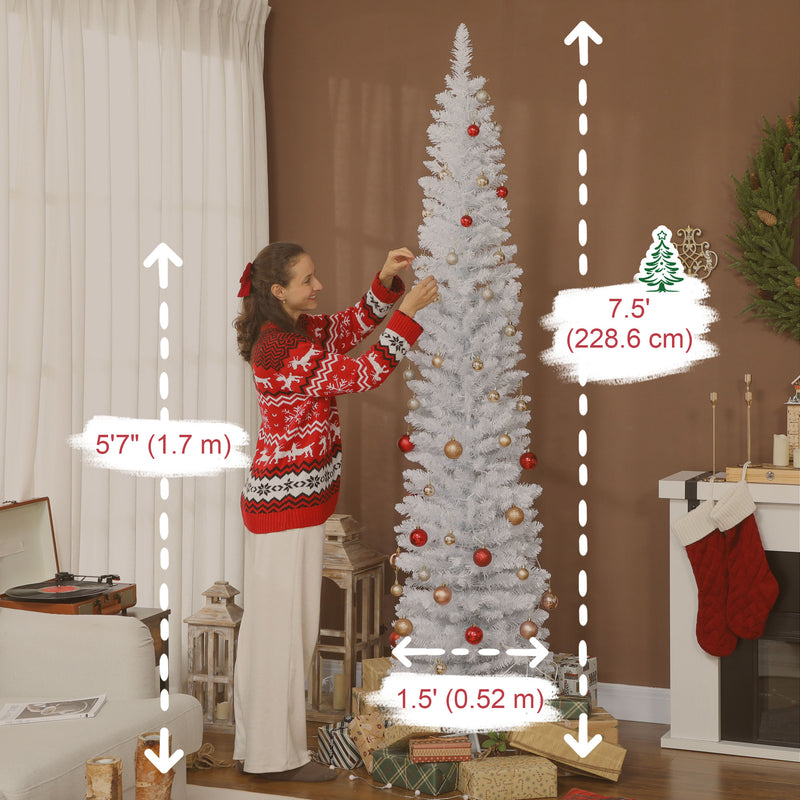 7.5ft Skinny Artificial Christmas Tree with Synchronized LED Lights, Remote and Timer - White