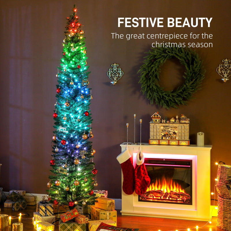 7.5ft Skinny Artificial Christmas Tree with Synchronized LED Lights, Remote and Timer - Green