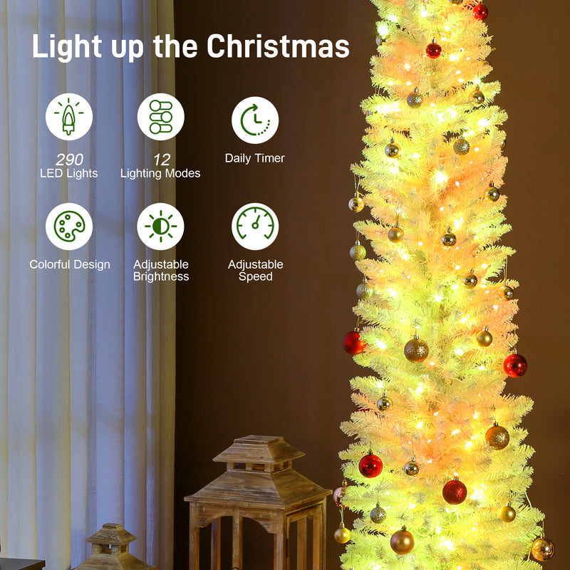 7.5ft Skinny Artificial Christmas Tree with Synchronized LED Lights, Remote and Timer - White