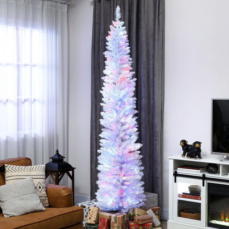 7.5ft Skinny Artificial Christmas Tree with Synchronized LED Lights, Remote and Timer - White