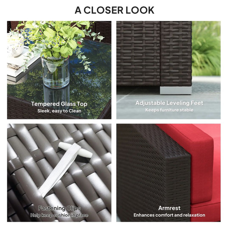 Patio Furniture, Peace River 7 Pc Rattan Wicker Modular Outdoor Furniture Sectional Sofa Set - Red / Brown - Seasonal Overstock