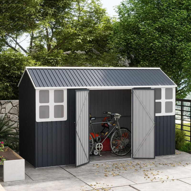 12' x 5.5' Outdoor Garden Storage Shed with 2 Swing Doors and Windows - Dark Grey