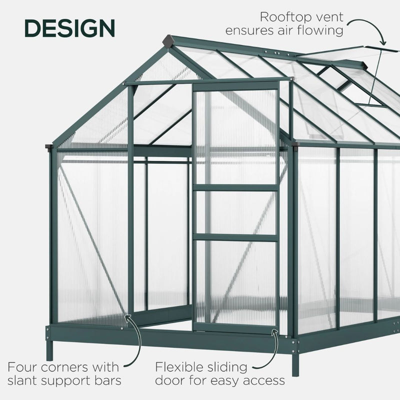 6' x 10' Polycarbonate Walk-in Greenhouse with Aluminum Frame and Sliding Door - Green