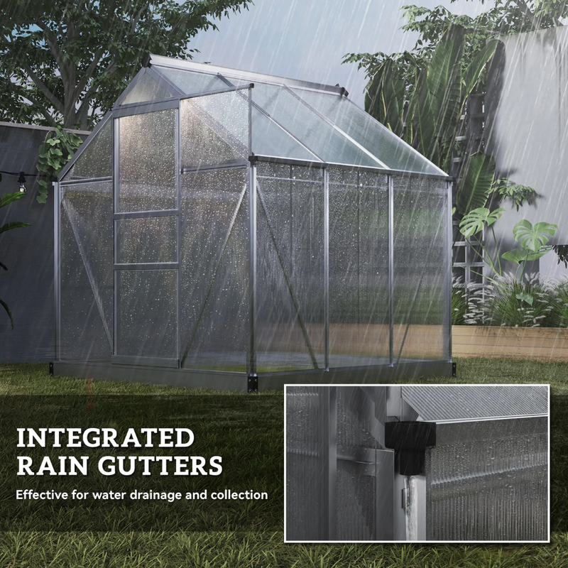 6.2' x 6.3' Walk-In Greenhouse with Aluminum Frame, Polycarbonate Panels, Sliding Door - Silver