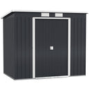 7x4 grey metal storage shed with a white door on a white background