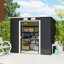 7 x 4 Grey Metal Storage Shed with shelves filled with items in a garden setting.