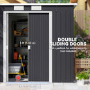 Outdoor storage shed with double sliding doors, showing interior and exterior views.
