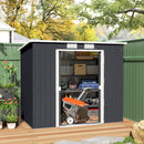 Grey metal storage shed with open door showing various items, surrounded by greenery.