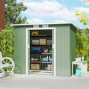 7 x 4 green metal storage shed with open doors, filled with various items, in a garden setting.